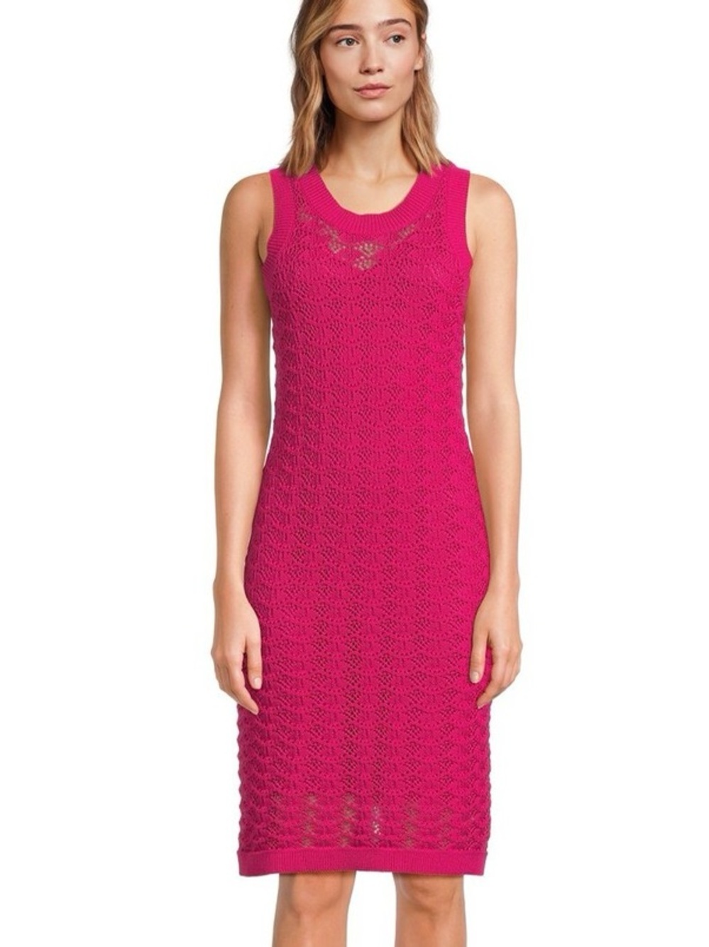Time and Tru Bright Fuchsia Crochet Knit Midi Dress - Size L - NWT